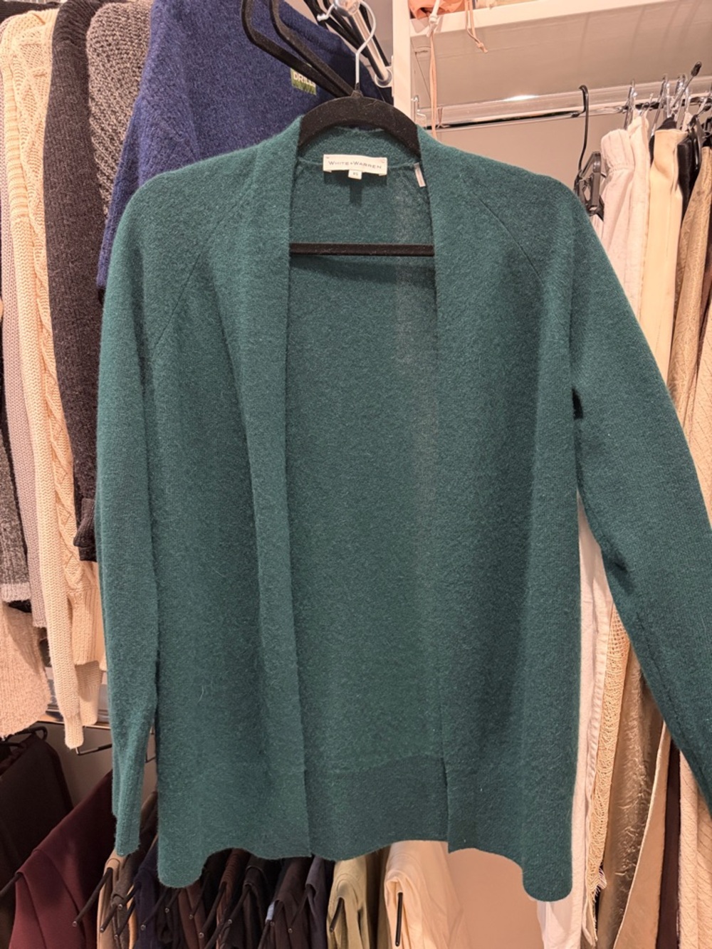 White + Warren Dark Green Open-Front Cardigan Sweater